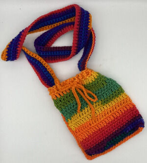 HANDMADE Crocheted RAINBOW Knit Crossbody Shoulder Purse Bag Boho Hippie EUC